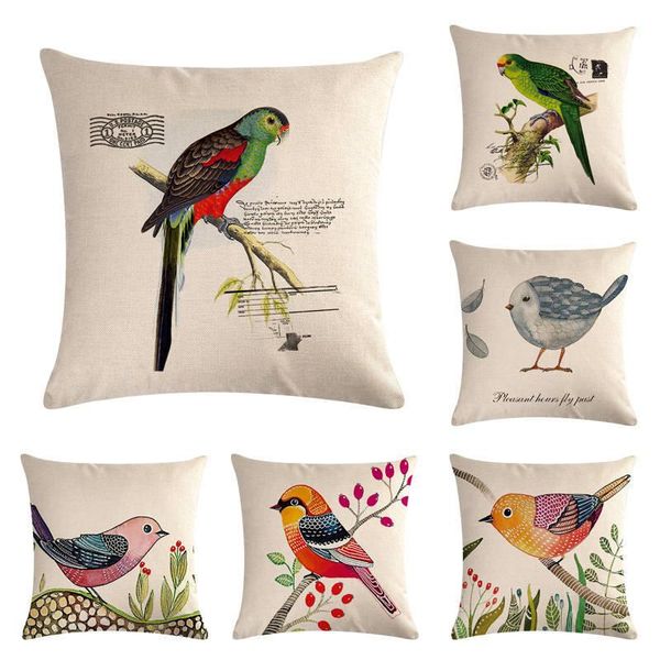 

pillowcase birds vintage throw pillow cover linen cushion sofa car parrot home decoration 45x45cm cushion/decorative