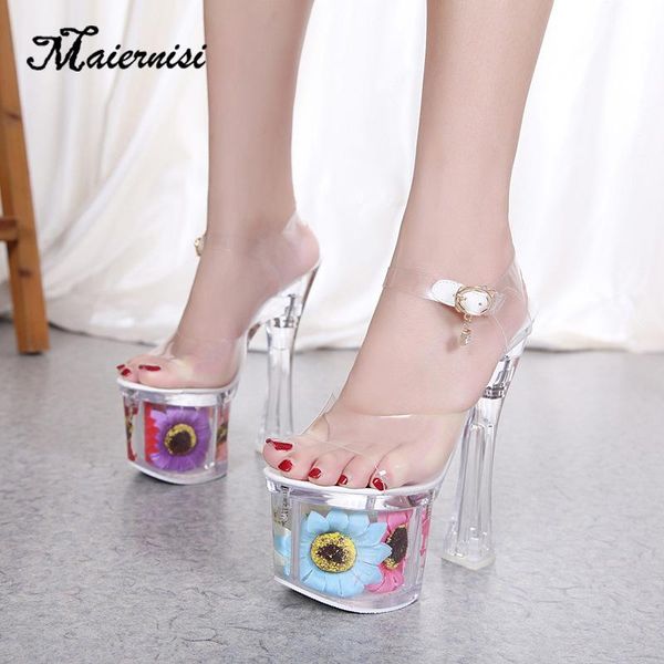 

women sandals summer sun flower high heel crystal 17cm transparent steel tube dancing stilettos lady, Black