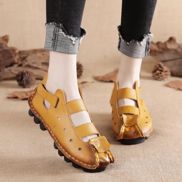 

summer women flat sandals soft bottom genuine leather shoes retro handmade casual cozy women's flats, Black