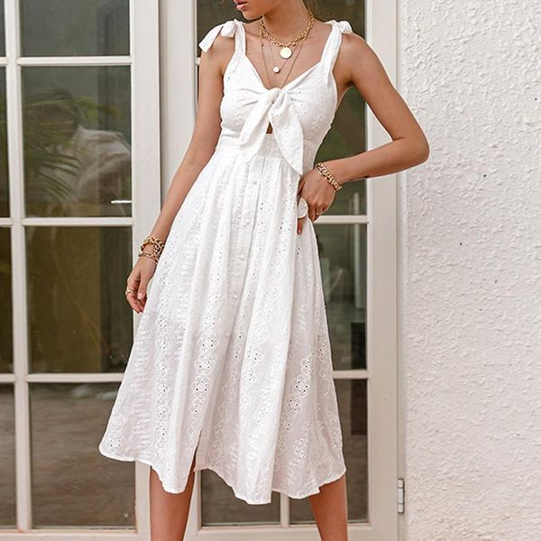 

casual dresses 100% cotton vintage midi dress summer strappy women eyelet ruffles backless bow tie up ladies female, Black;gray