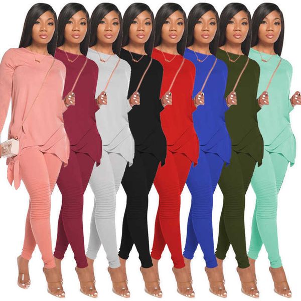 Tasarımcı Kadın 2 Parça Set Moda Katı Yay Uzun Kollu T Gömlek Kalem Pantolon Eşofman Bayanlar Rahat Kazak Pantolon Takım 8 Renk Kıyafet