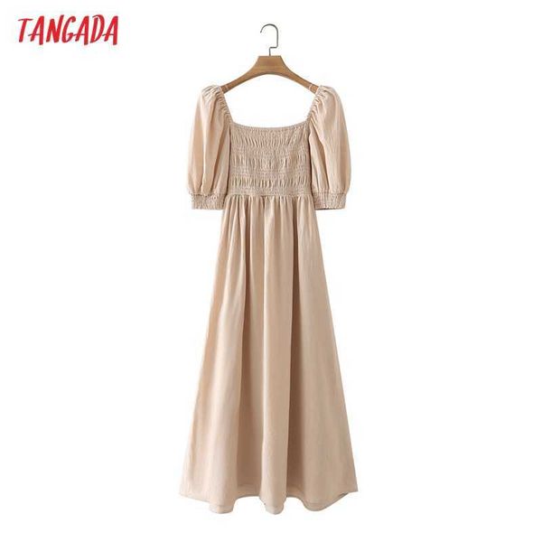 Tangada verão mulheres estilo francês khaki midi vestido sopro manga curta senhoras sundress 4T52 210609