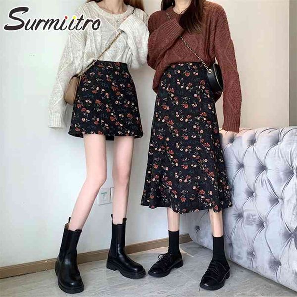 

spring summer vintage women korean style elegant floral print high waist sun school midi long a line female skirt 210421, Black
