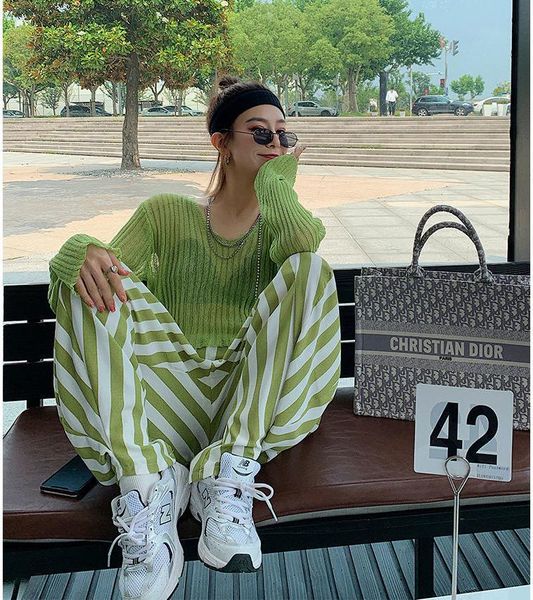 

women's t-shirt summer women suit sunscreen short solid stripe pants korean lady 2 pic set office full o-neck pullover loose girls clot, White