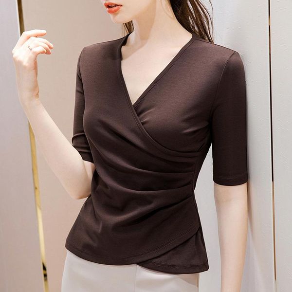 

women's t-shirt women elegant summer v neck half sleeve harajuku wrap bust folds design slim waist ol cotton goth shirts plus size, White