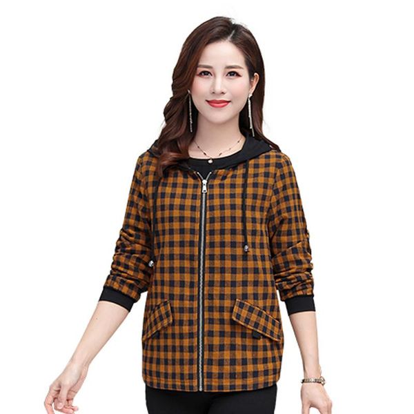 

women's jackets 2021 spring autumn jacket middle-aged mother hooded zipper coat outerwear female large size 5xl casual lattice coats, Black;brown
