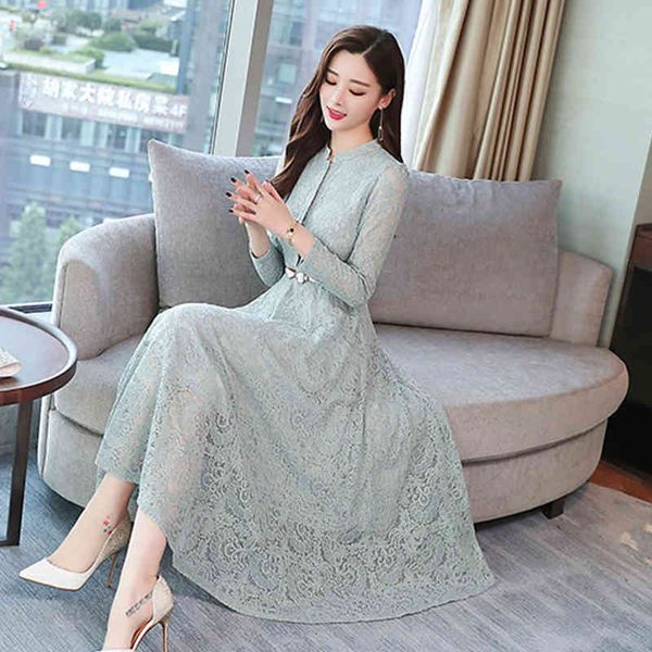 

paris girl autumn winter plus size vintage lace midi dresses women elegant bodycon black maxi dress party long sleeve runway 210524, Black;gray