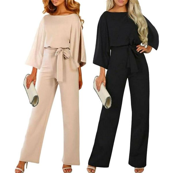 

women's jumpsuits & rompers women lace up jumpsuit party ball wide leg playsuit solid elegant long sleeve slim fit trousers s-2xl, Black;white