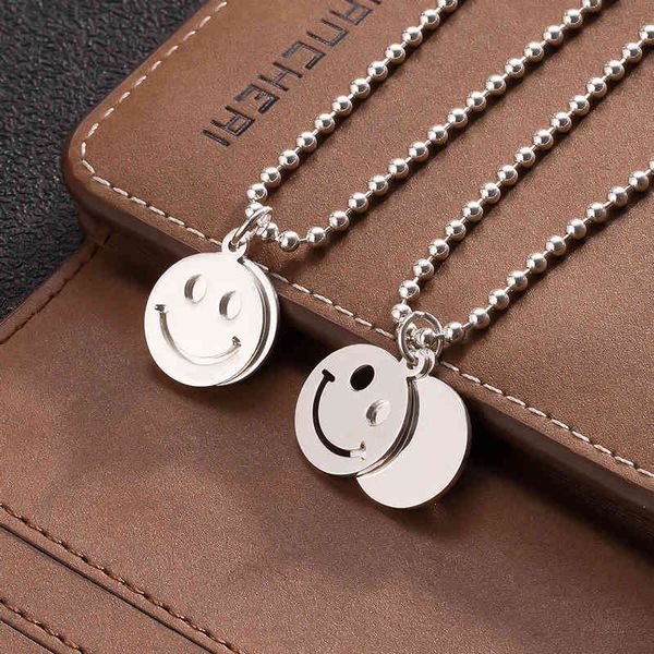 

children's necklace sterling female hip hop simple smiling face pendant 925 silver couple round bead bone chain lettering