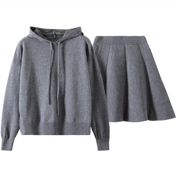 

women's tracksuits autumn and winter ladies sports suit fashion solid color temperament knitted hoodie short skirt two-piece, Gray