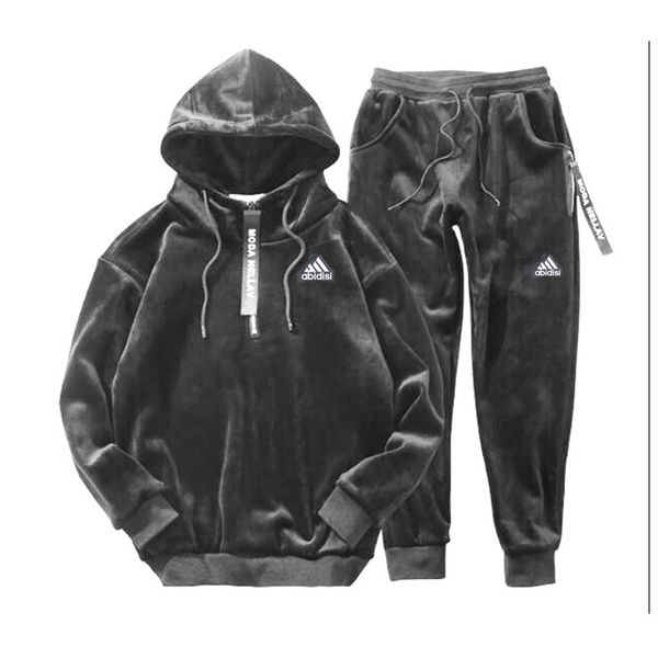 

men's tracksuits male casual velvet man complete hoodies gym sport sweaters jacket print pants e61 xovz, Gray