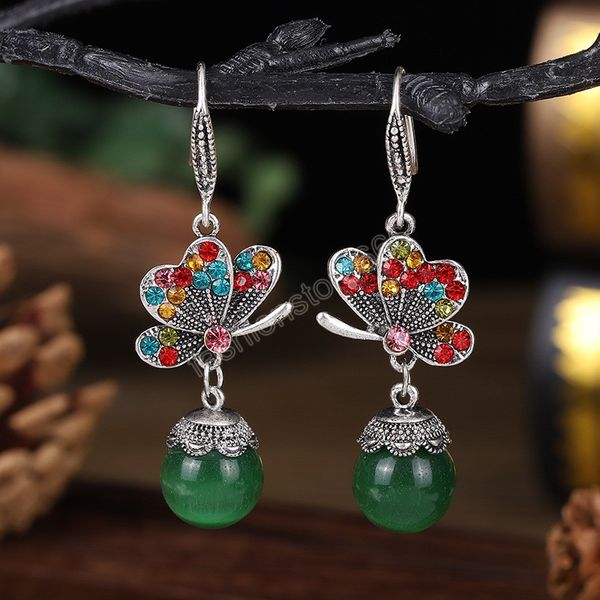 

women vintage rhinestone colorful opal dangle earrings classic ethnic butterfly antique silver color alloy drop earrings luxury jewelry