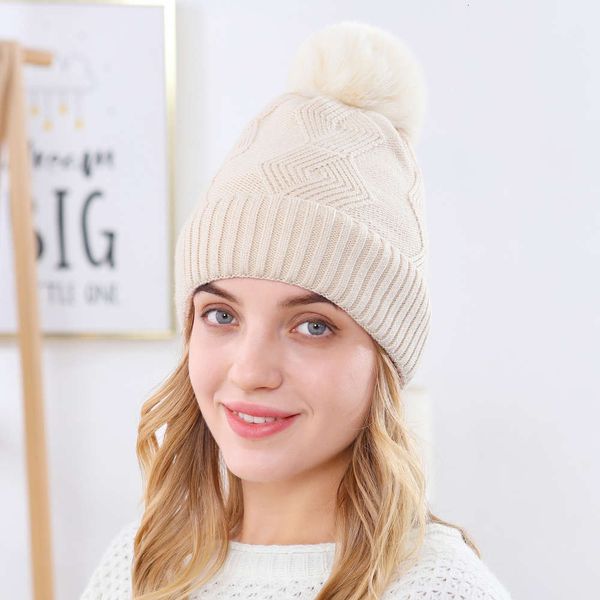 

hat warm plush thickened wool ball women's knitted solid jacquard adult, Blue;gray