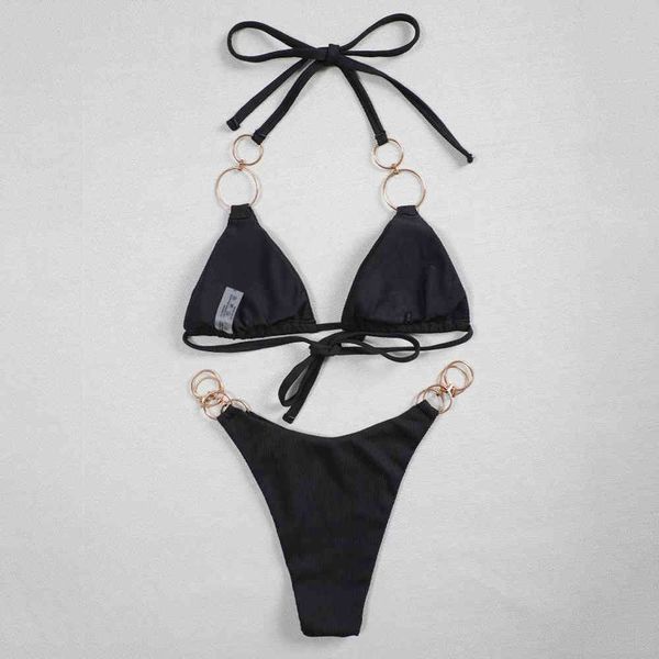 

plain bla bikini womens two pieces swimwear bandage hoop metal chain accessories swimsuit ribbed fabricby air