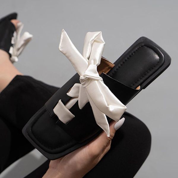 

slippers 2021 women knot summer fashion female comfort casual slides ladies square toe outside leisure solid flat plus size, Black