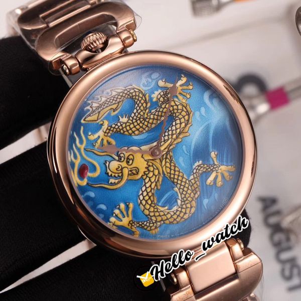 46mm Bovet 1822 Coleção A arte de relógios de pintura em miniatura relógios de quartzo mens relógio HMS5056 azul dragão Totem Dial Rose Gold Steel Bracelet Olá_Watch