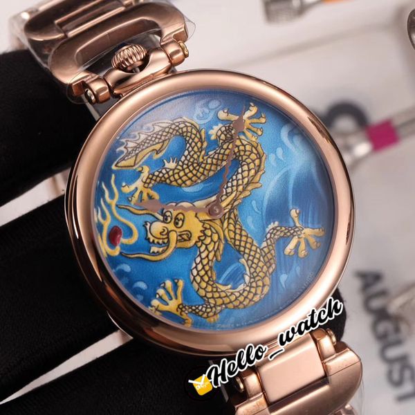 46 mm Bovet 1822 KOLLEKTION DIE KUNST DER MINIATURMALEREI Uhren Quarz Herrenuhr HMS5056 Blue Dragon Totem Zifferblatt Roségold Stahlarmband Hello_Watch