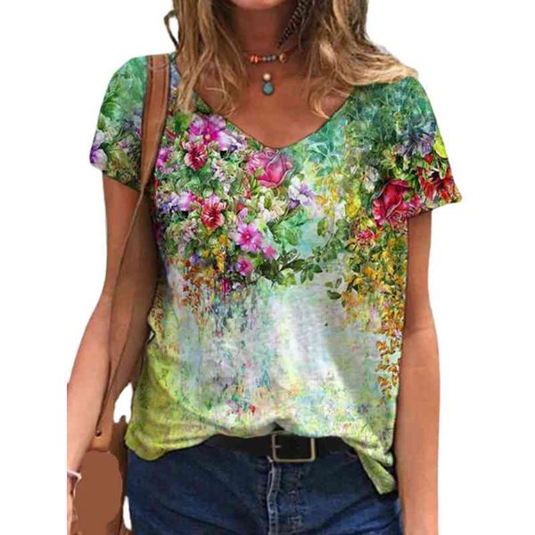 

women plus size 5xl floral 3d print t shirt loose v-neck short sleeve casual tee summer new streetwear oversized ladies 210423, White