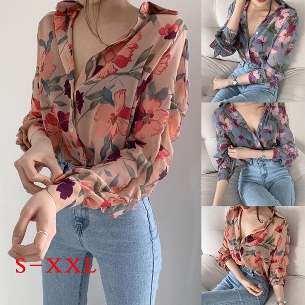 

women's t-shirt summer floral print v-neck long sleeve puff thin lapel button ladies fashion clothing women 2022, White