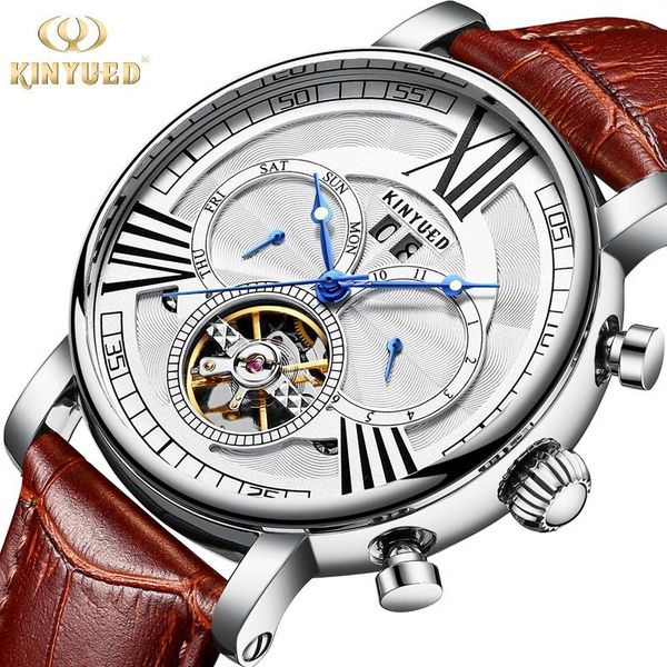 

wristwatches kinyued brand mechanical watch skeleton business casual belt automatic tourbillon military horloges mannen dropship, Slivery;brown