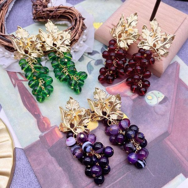 

stud metal grape shape earrings glass beads natural stone pendant statement accessories, Golden;silver