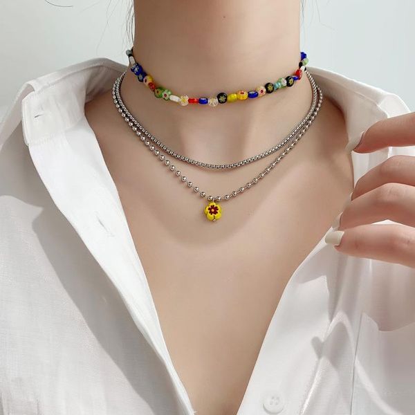 

chokers xiaoboacc colored glaze flower neck korean fashion 2021 trend summer beaded stacking necklace for women jewelry, Golden;silver