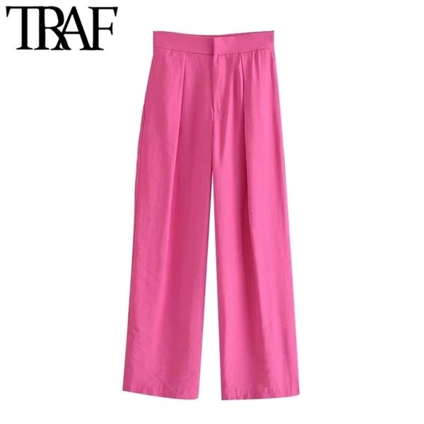 

traf women chic fashion side pockets wide leg pants vintage high waist zipper fly female trousers mujer 210915, Black;white