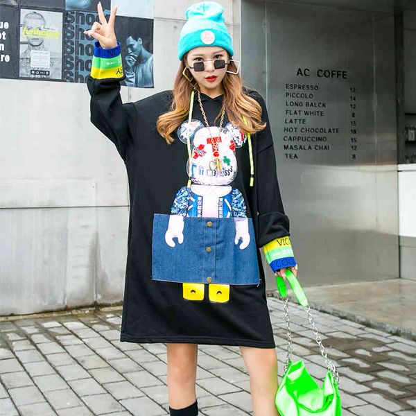 

hoodies european station fashion brand mid-length hooded sweater women patch denim heavy industry sequins loose age reducing top, Black