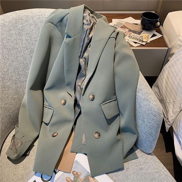 

women's suits & blazers korean women gray-green patchwork double breasted blazer office lady notched collar long sleeve autumn suit jac, White;black