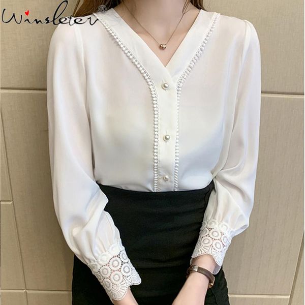 

autumn v-neck woman chiffon shirts lace cuff long sleeve single-breasted women blouses fashion white t08505k women's &