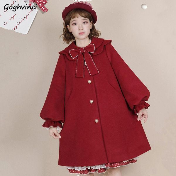 

women blends autumn bow cute lantern sleeve single breasted lolita style loose kawaii japanese students outwear chic female women's woo, Black