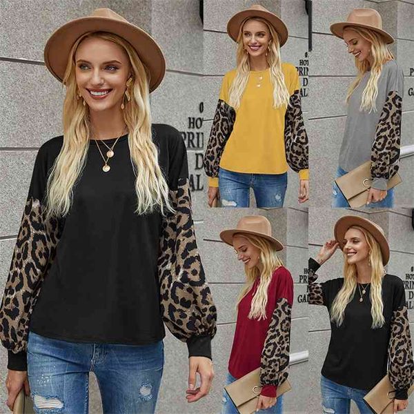

fashion stitching leopard print long sleeve crew neck t-shirt women's autumn lantern pullover loose casual 210522, White