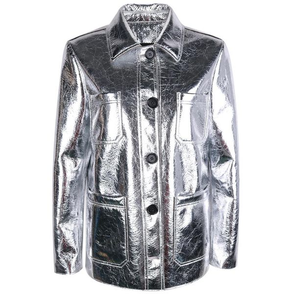 

women's leather & faux yoloagain women shiny sliver jacket single breasted blazer ladies, Black