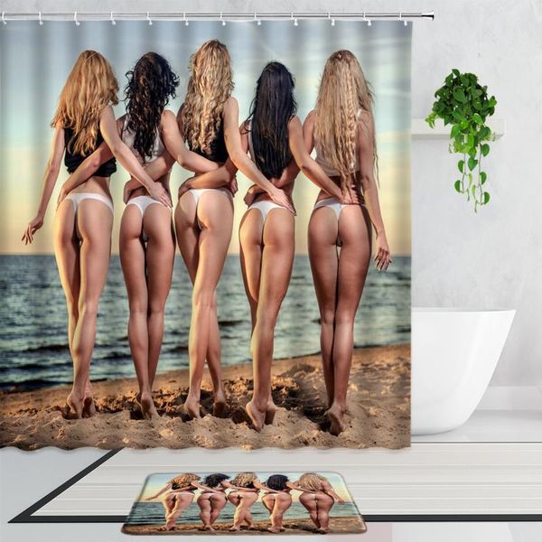 

shower curtains beach woman beautiful girl back view sea landscape home decor background cloth non-slip carpet bath curtain