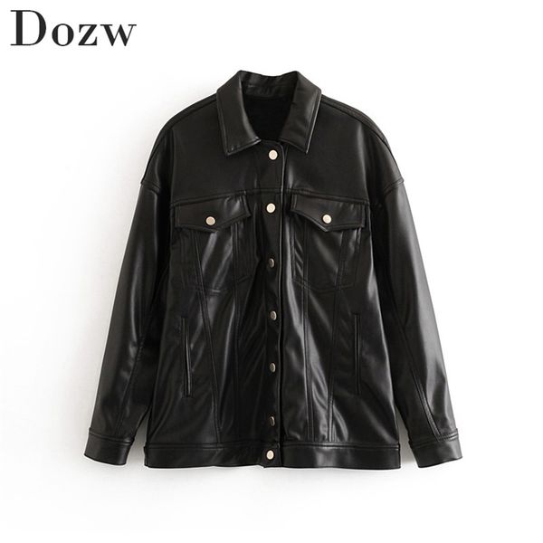 

pu leather jacket fashion women faux coat streetwear solid long sleeve jackets casual female outwear coats 210515, Black