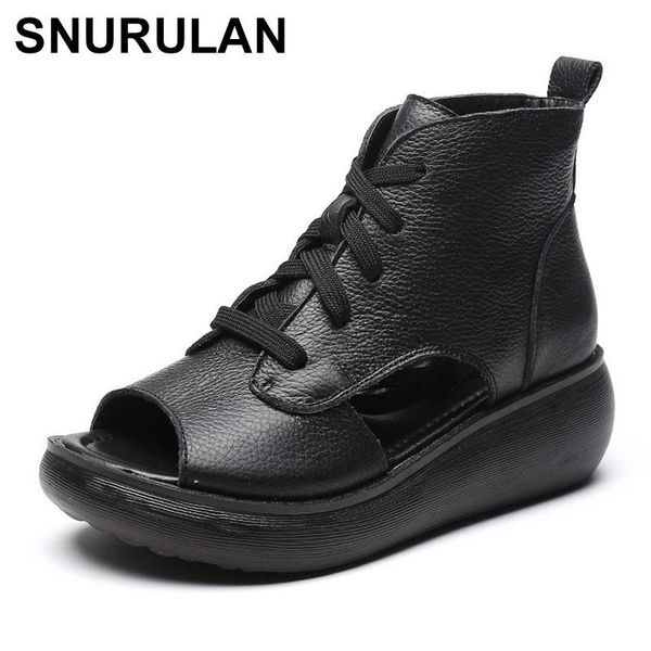

dress shoes snurulan promotion high cowhide summer women sandals leather fish mouth roman platform wedge sandal, Black