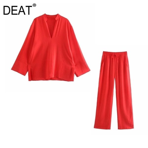 

[deat] summer fashion long sleeve v-neck solid color shirt high waist wide leg pants women two-piece suit 13q378 210527, White