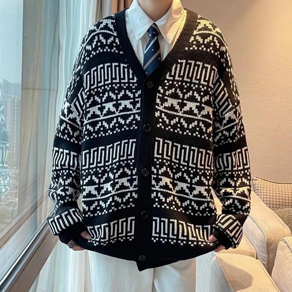 

men's vests fashion loose knit sweater v-neck youth long-sleeved casual trendy cardigan men vest sweaters coat, Black;white