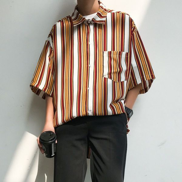 

shirts summer striped men's fashion korean loose casual short sleeve men streetwear business society mens shirt -3xl, White;black