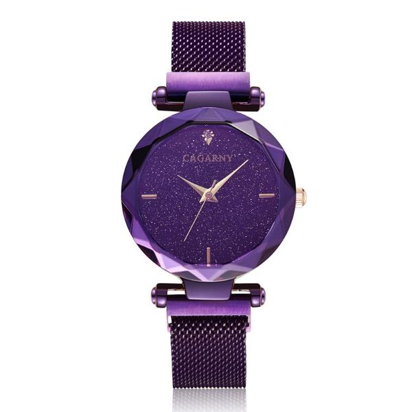 

wristwatches cagarny fashion quartz watch for women ladies dress watches purple stainless steel mesh band starry sky magnet female clock, Slivery;brown