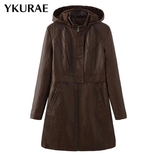 

women fleece leather jacket pu female long hooded outerwear elegant winter coat streetwear coats women's jackets eu size fl056 & faux, Black