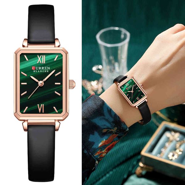 Curren Uhren für Damen, luxuriöse Marke, rechteckige Quarz-Armbanduhr mit Leder, elegante, leichte Armbanduhr mit Charm-Uhr Q0524