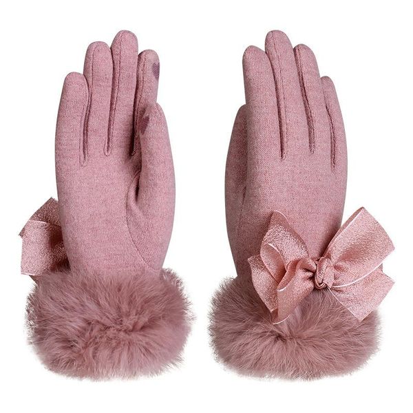

five fingers gloves women winter wool add cashmere thicken warm elegant bow decoration touch screen soft female upscale, Blue;gray