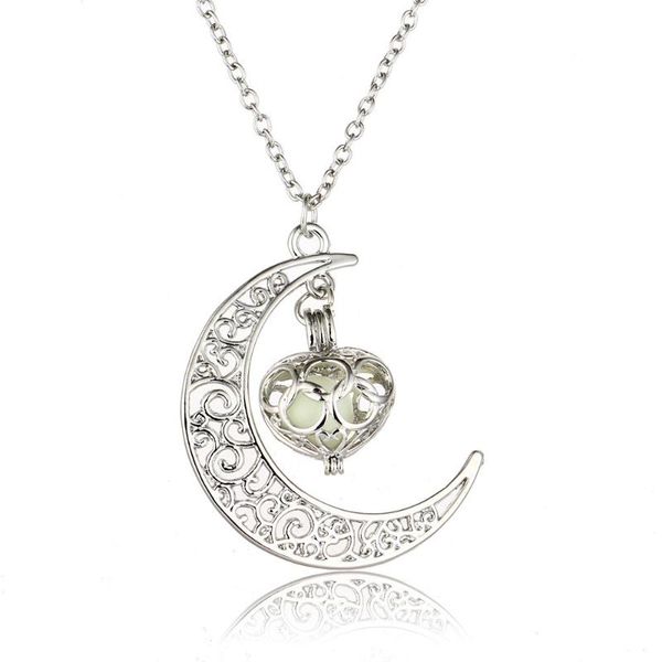 

chains 2021 exquisite jewelry gift drop moon pendant necklace for women glow luminous hollow with ball night, Silver