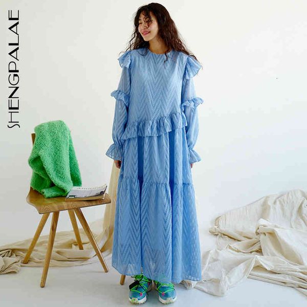 

casual dresses spring arrival round neck loose fungus edge split joint horn sleeve blue full sleeves dress 5d156 wi00, Black;gray