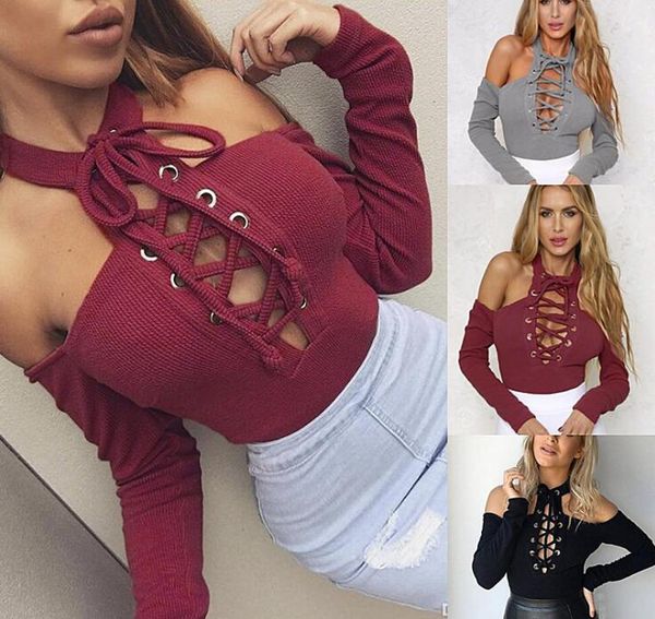 

ladies off shoulder lace up long sleeve skinny solid choker bodysuit jumpsuit women's jumpsuits & rompers, Black;white