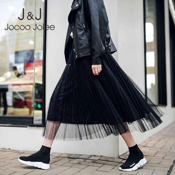 

women korean elegant lace skirt chic mesh long skirts high waist solid all-match midi a-line skirts casual pleated skirt 210518, Black