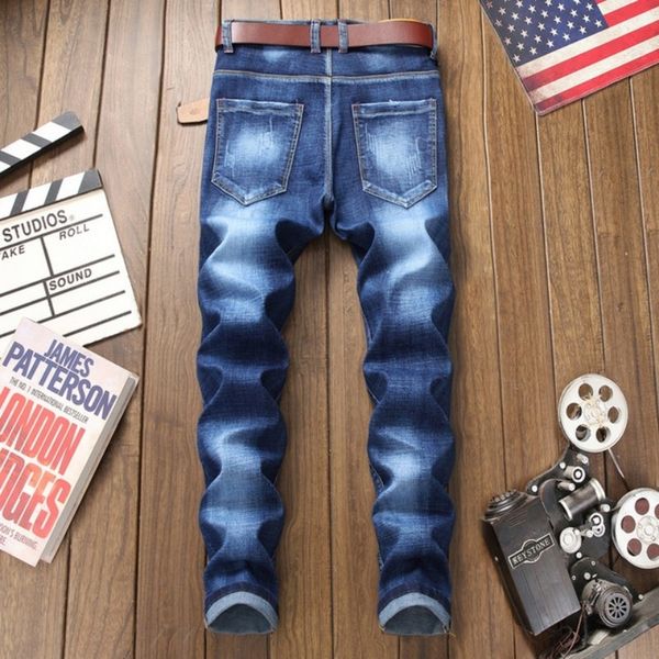 

men's jeans embroidered flower zipper wash jeans high-quality thin men denim pencil pants big size 29-38 straight qvdp, Blue