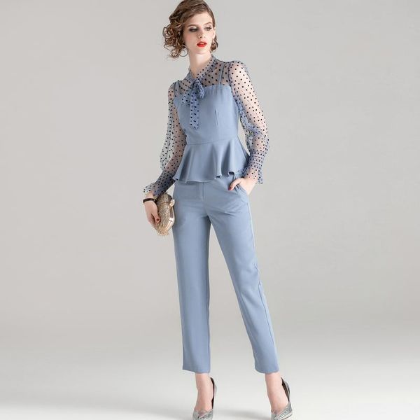 

two piece dress women's runway twinsets bow collar long sleeves dots printed ruffles blouse with pants sets suit, White
