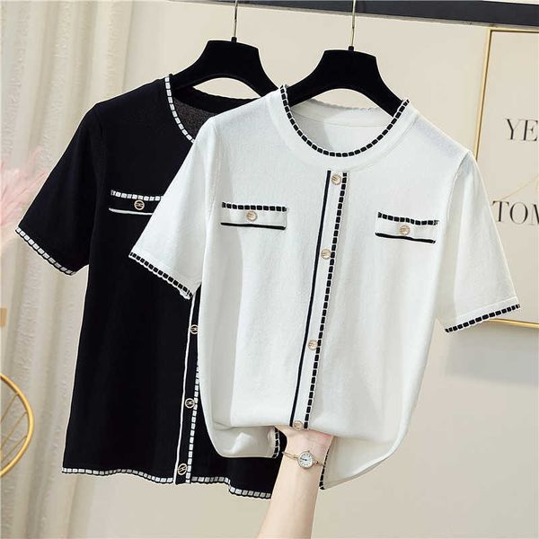 

4xl large size women button summer thin sweater short sleeve o neck kintting plus size oversized sweaters pullover 210604, White;black